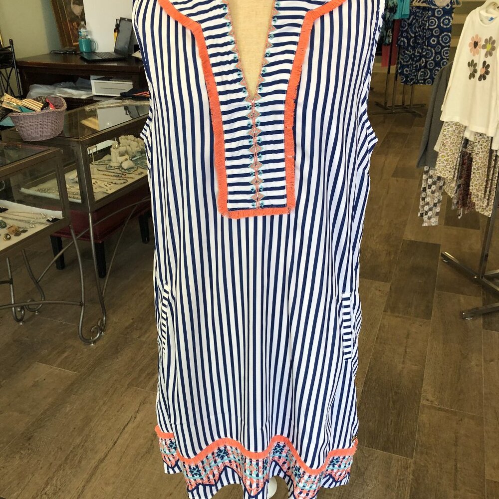 Cabana Life St. Barts Tunic Dress Navy & White Stripe UPF 50 Size Large NWT